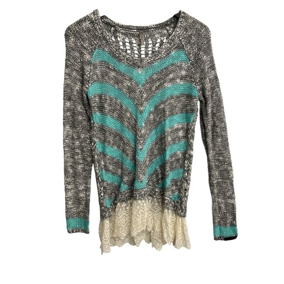 Vanity Open Knit Sweater Womens M Lace Trim Chevron Pattern Gray Aqua Cozy NEW - Picture 1 of 11